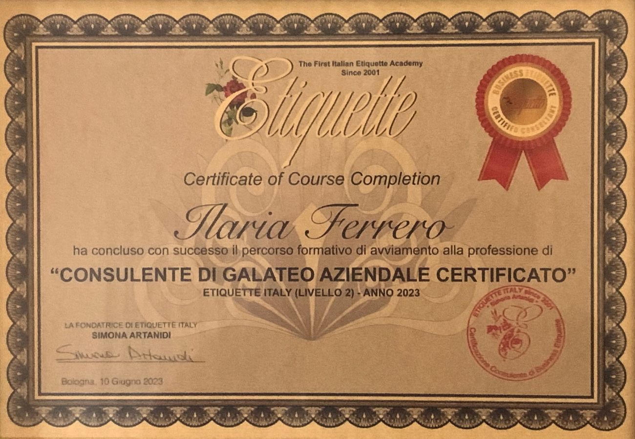 Ilaria Ferrero - attestato consulente di galateo aziendale certificato L2